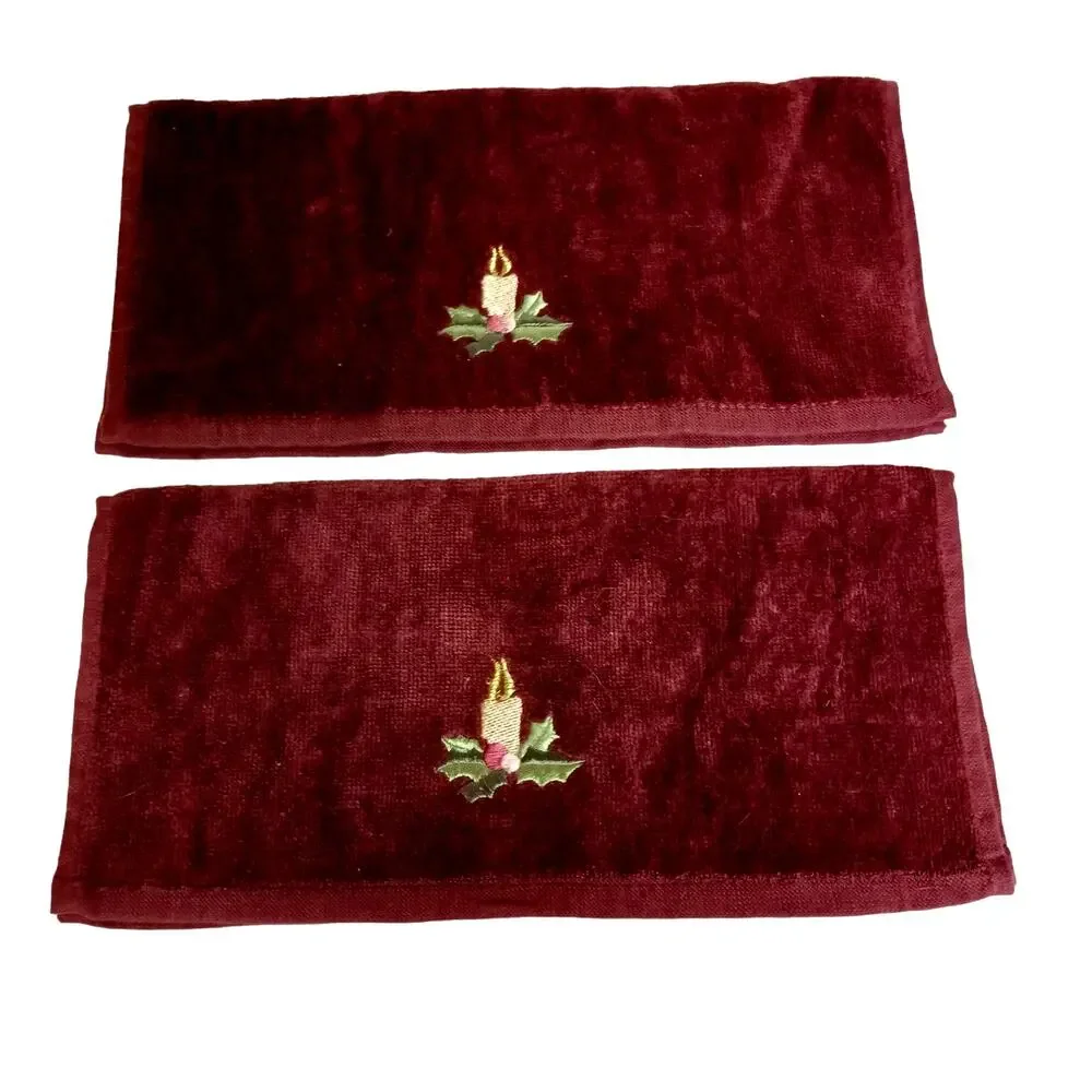 🛀🏻🍂2 Vintage Brown Holiday Washcloth Set Candle Holly Embroidered Christmas